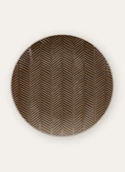 ASSIETTE PLATE EN GRÈS MOTIF CHEVRON RUSTIQUE MARRON