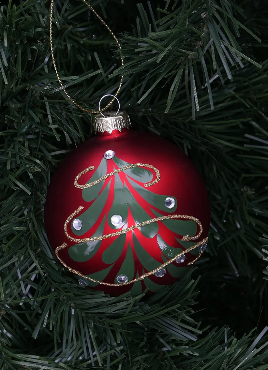 BOULE EN VERRE SAPIN ET GUIRLANDE AVEC STRASS RUBIS