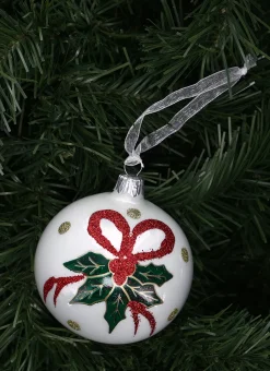 BOULE À PAILLETTES NOEUD ET FEUILLE DE HOUX BLANC