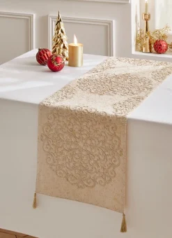 CHEMIN DE TABLE BRODÉ AVEC POMPONS DORÉS ECRU