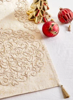 CHEMIN DE TABLE BRODÉ AVEC POMPONS DORÉS ECRU