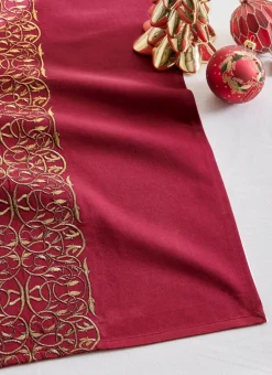 CHEMIN DE TABLE EN SATIN AVEC BRODERIE DORÉE ROUGE BORDEAUX