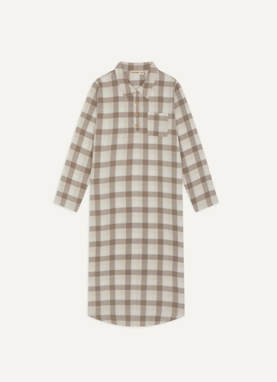 CHEMISE DE NUIT À CARREAUX EN COTON FLANELLE LOVE BEIGE CLAIR