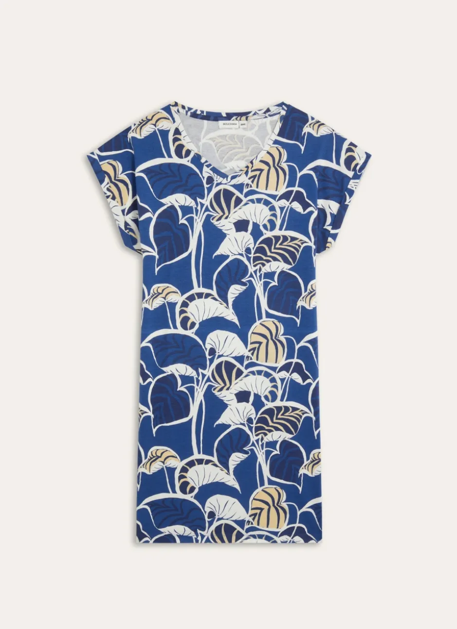 CHEMISE DE NUIT MANCHES COURTES EN COTON IMPRIMÉ BLEU