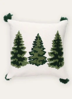 COUSSIN BRODÉ MOTIFS SAPINS AVEC POMPONS MULTICOLORE