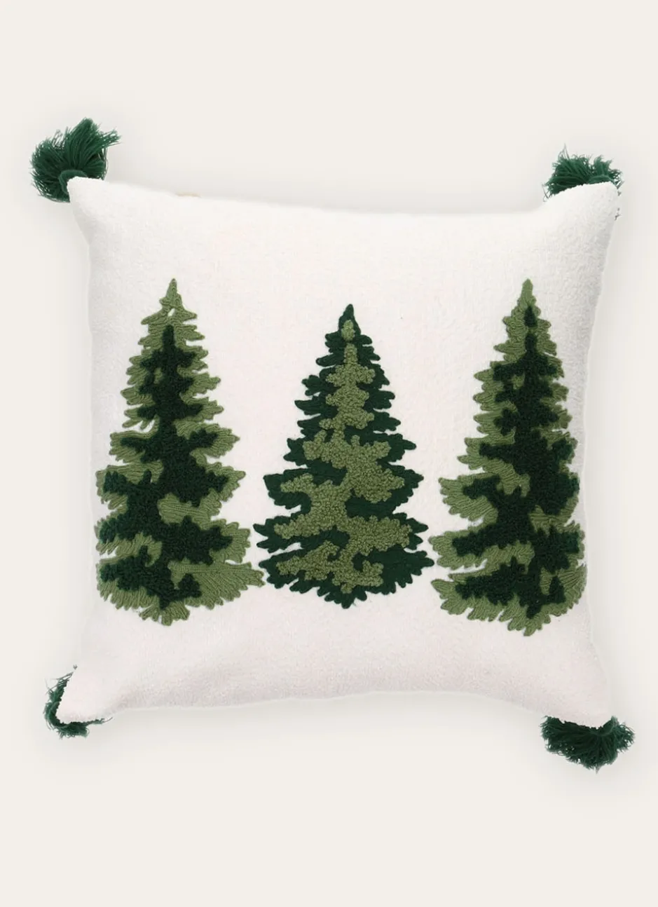 COUSSIN BRODÉ MOTIFS SAPINS AVEC POMPONS MULTICOLORE