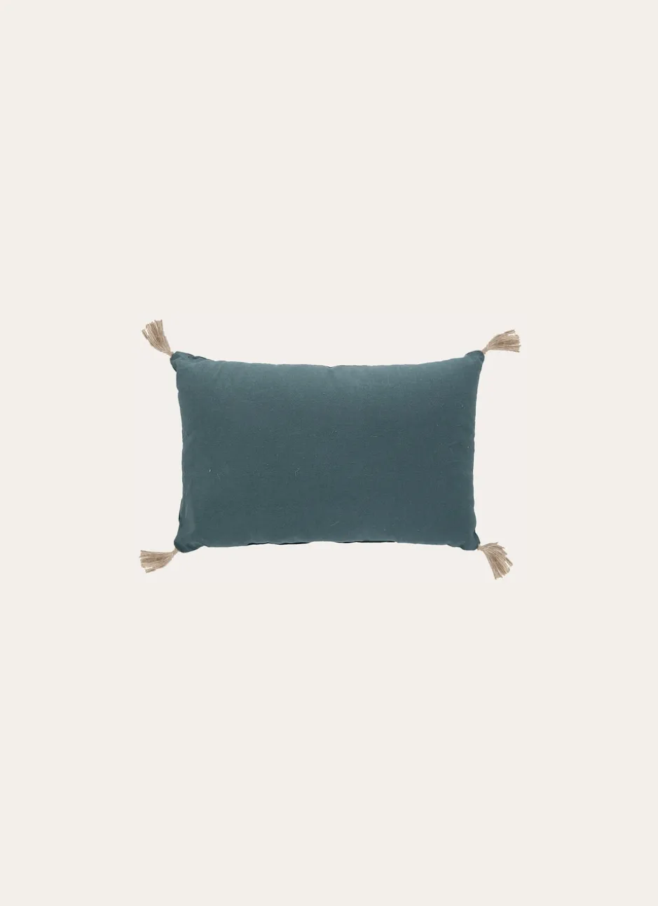 COUSSIN EN COTON UNI AVEC POMPONS EN JUTE VERT FONCÉ