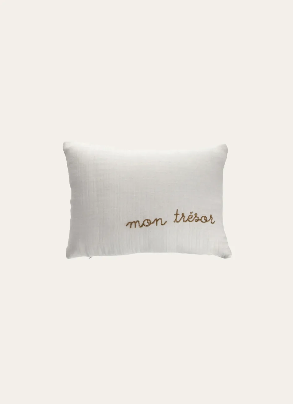 COUSSIN EN GAZE DE COTON BRODERIE FIL DORÉ BLANC