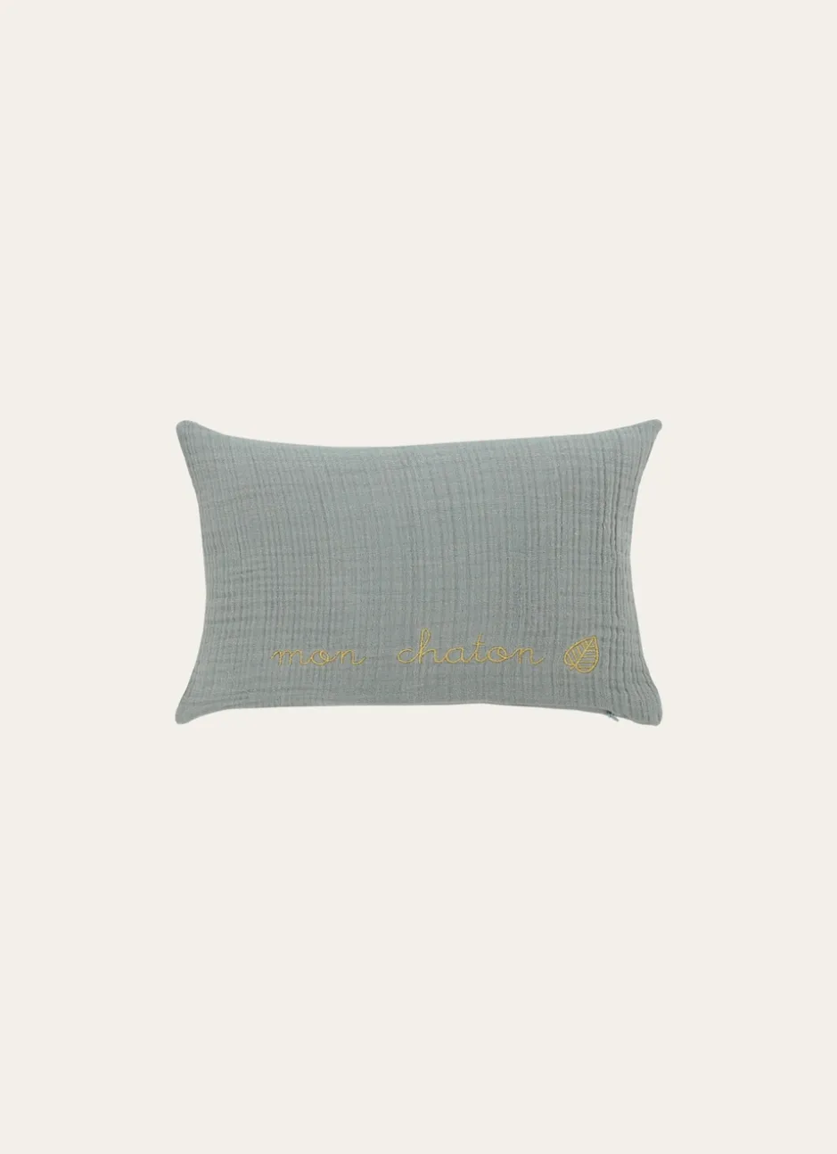 COUSSIN EN GAZE DE COTON BRODERIE FIL DORÉ MOUSSE