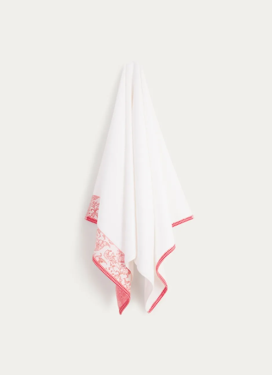 DRAP DE DOUCHE EN JACQUARD MOTIF FLORAL ÉCRU/ROSE