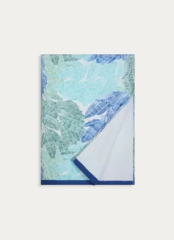 DRAP DE PLAGE JACQUARD VELOURS À MOTIFS PALMES BLEU / VERT