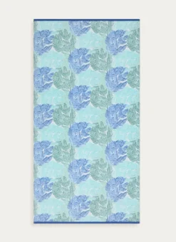 DRAP DE PLAGE JACQUARD VELOURS À MOTIFS PALMES BLEU / VERT