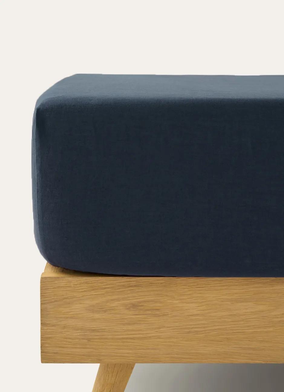DRAP HOUSSE EN LIN LAVÉ UNI 165GR BLEU DENIM