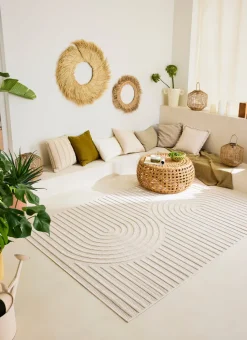 GRAND TAPIS UNI COURBES ET RAYURES VENISE ÉCRU