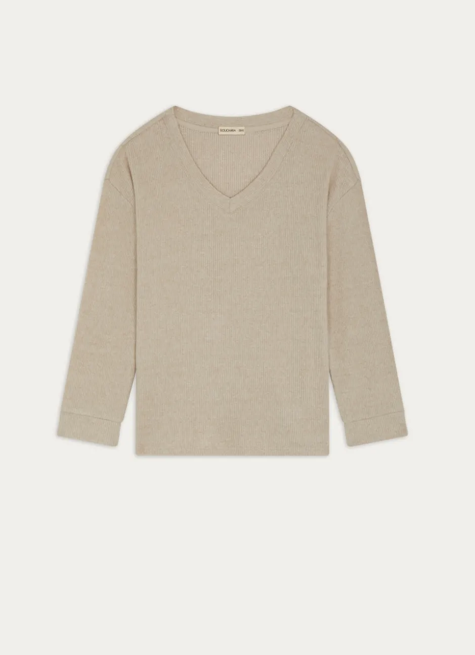 HAUT MANCHES LONGUES COL V EN MAILLE BEIGE