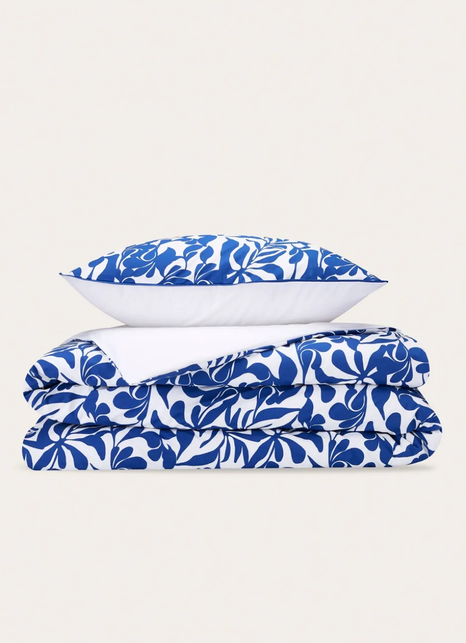 HOUSSE DE COUETTE EN PERCALE IMPRIMÉE FEUILLAGE BLEU