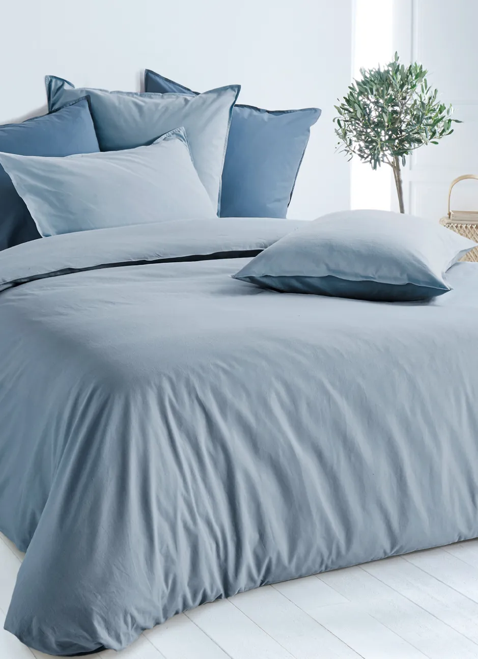 HOUSSE DE COUETTE UNIE EN COTON LAVÉ BIO BLEU