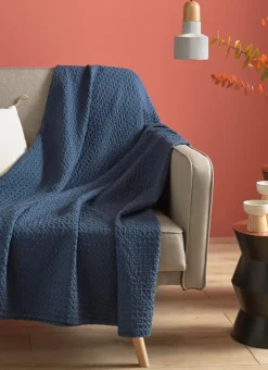 JETÉ DE LIT EN COTON LAVÉ NID D'ABEILLE MARINE
