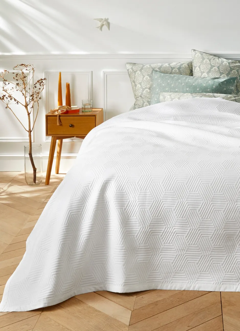 JETÉ DE LIT JACQUARD EN COTON MOTIFS GÉOMÉTRIQUE BLANC