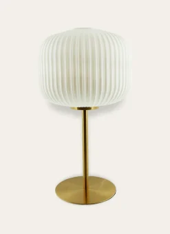 LAMPE À POSER EN VERRE STRIÉ ET MÉTAL DORÉ DORÉ / BLANC