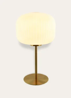 LAMPE À POSER EN VERRE STRIÉ ET MÉTAL DORÉ DORÉ / BLANC