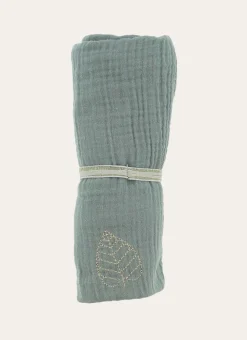 LANGE UNI EN GAZE DE COTON BRODERIE FEUILLE MOUSSE