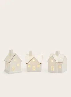 LOT DE 3 MAISONS LUMINEUSES EN PORCELAINE BLANC