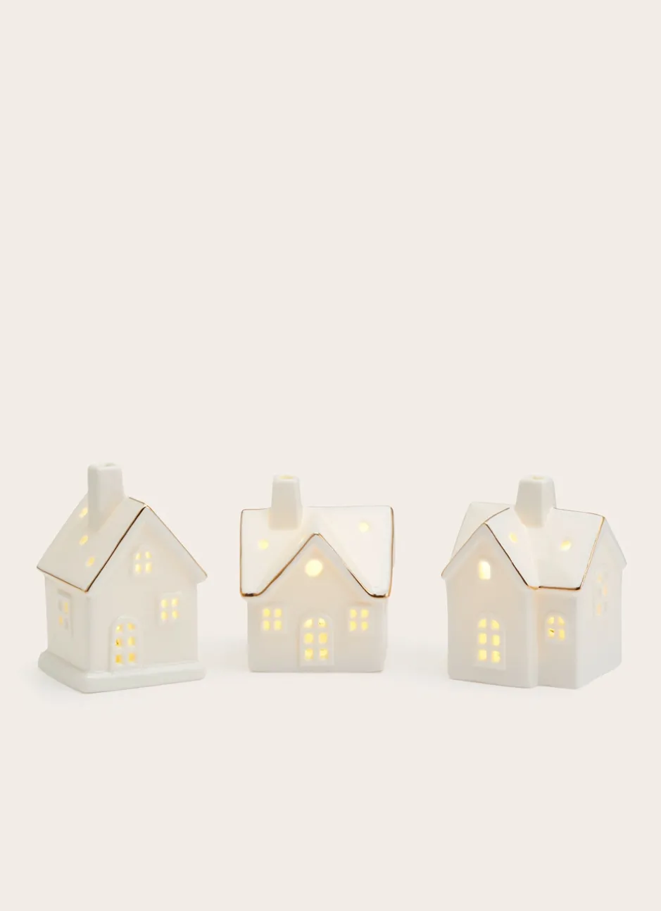 LOT DE 3 MAISONS LUMINEUSES EN PORCELAINE BLANC