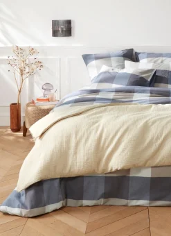 LOT DE 2 TAIES D'OREILLER EN COTON GRANDS CARREAUX BLEU