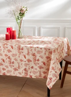 NAPPE EN COTON ANTI-TACHE SCÈNES D'HIVER NATUREL/ROUGE