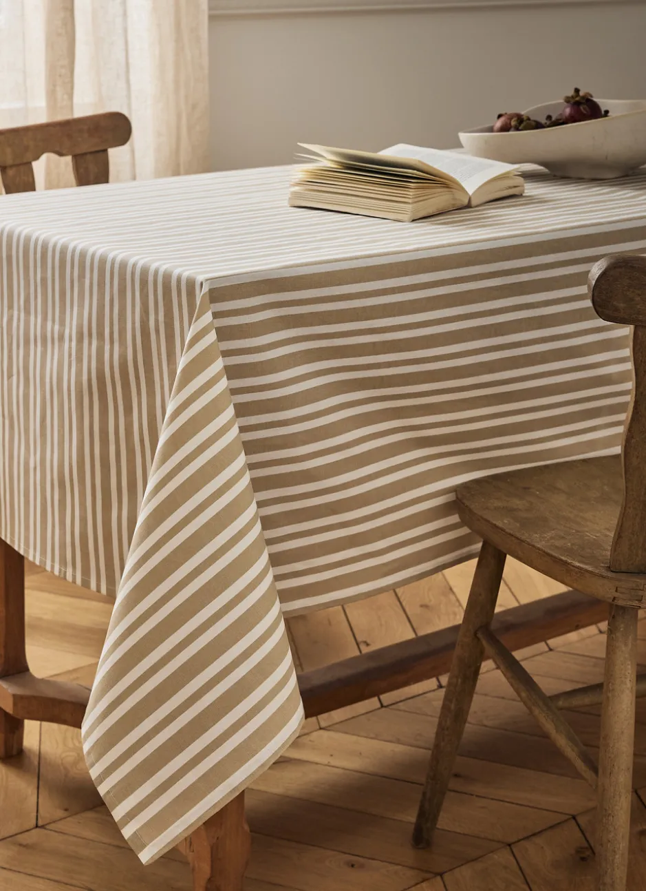 NAPPE EN COTON ENDUITE IMPRIMÉ RAYÉ BEIGE