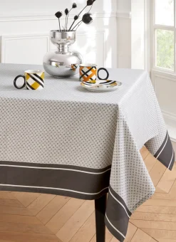 NAPPE EN COTON ENDUITE MOTIF FANTAISIE BLANC/GRIS