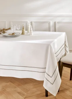 NAPPE EN COTON FLAMMÉ BRODÉE ANTI-TACHE TIBO BLANC