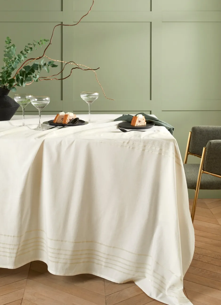 NAPPE EN COTON TISSAGE CARREAUX AVEC FILS OR ECRU