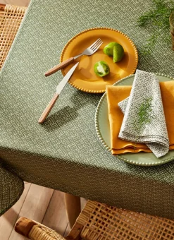 NAPPE RONDE EN COTON ENDUIT IMPRIMÉ PETITES FLEURS KAKI/BLANC