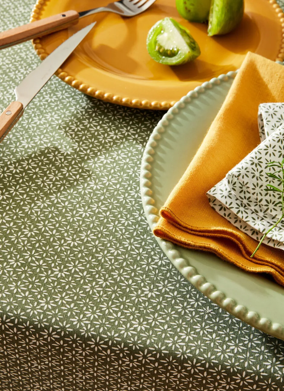 NAPPE RONDE EN COTON ENDUIT IMPRIMÉ PETITES FLEURS KAKI/BLANC