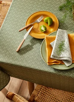 NAPPE RONDE EN COTON ENDUIT IMPRIMÉ PETITES FLEURS KAKI/BLANC