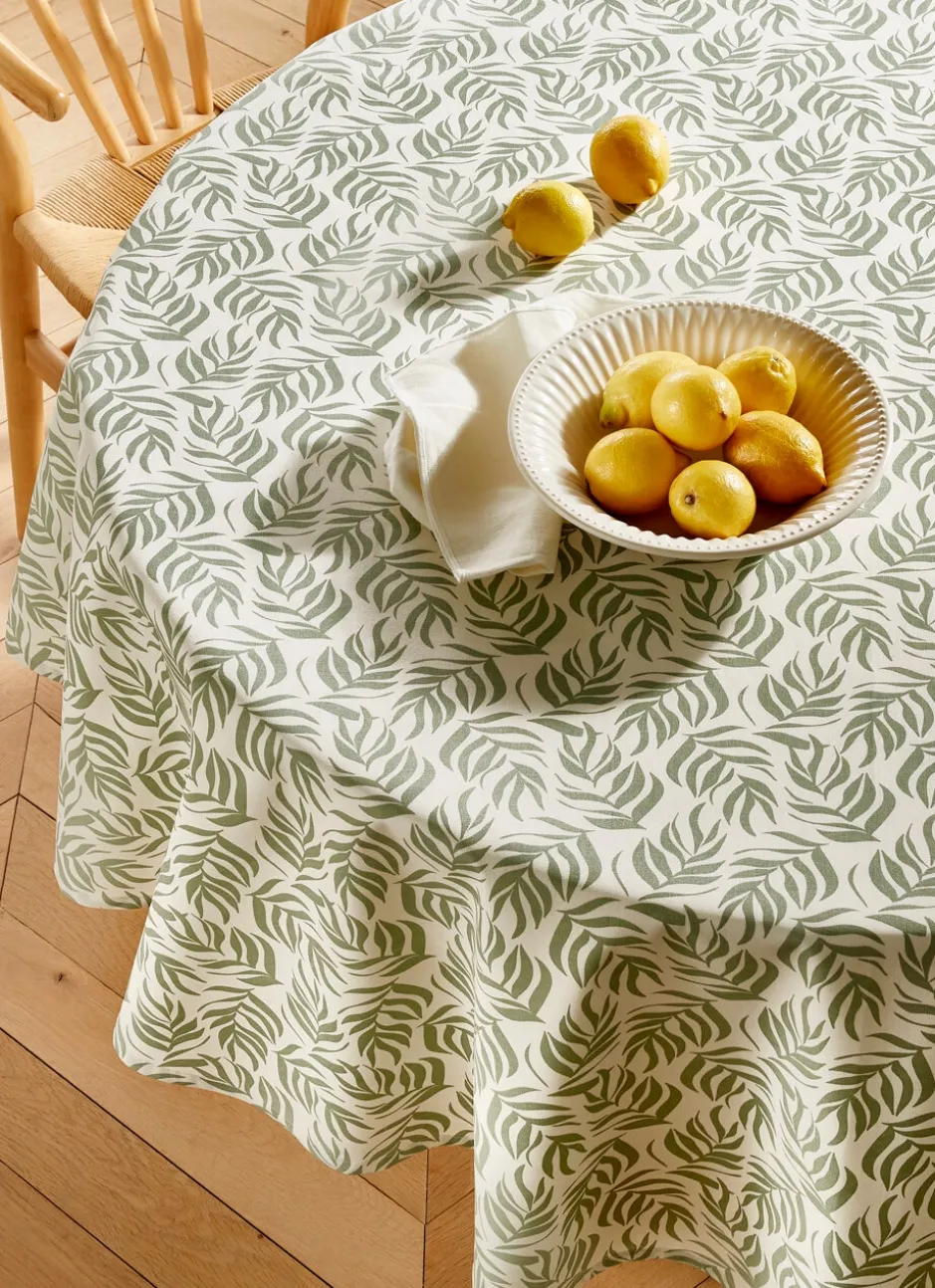 NAPPE RONDE ENDUITE IMPRIMÉ FEUILLES CLOÉ BLANC/VERT