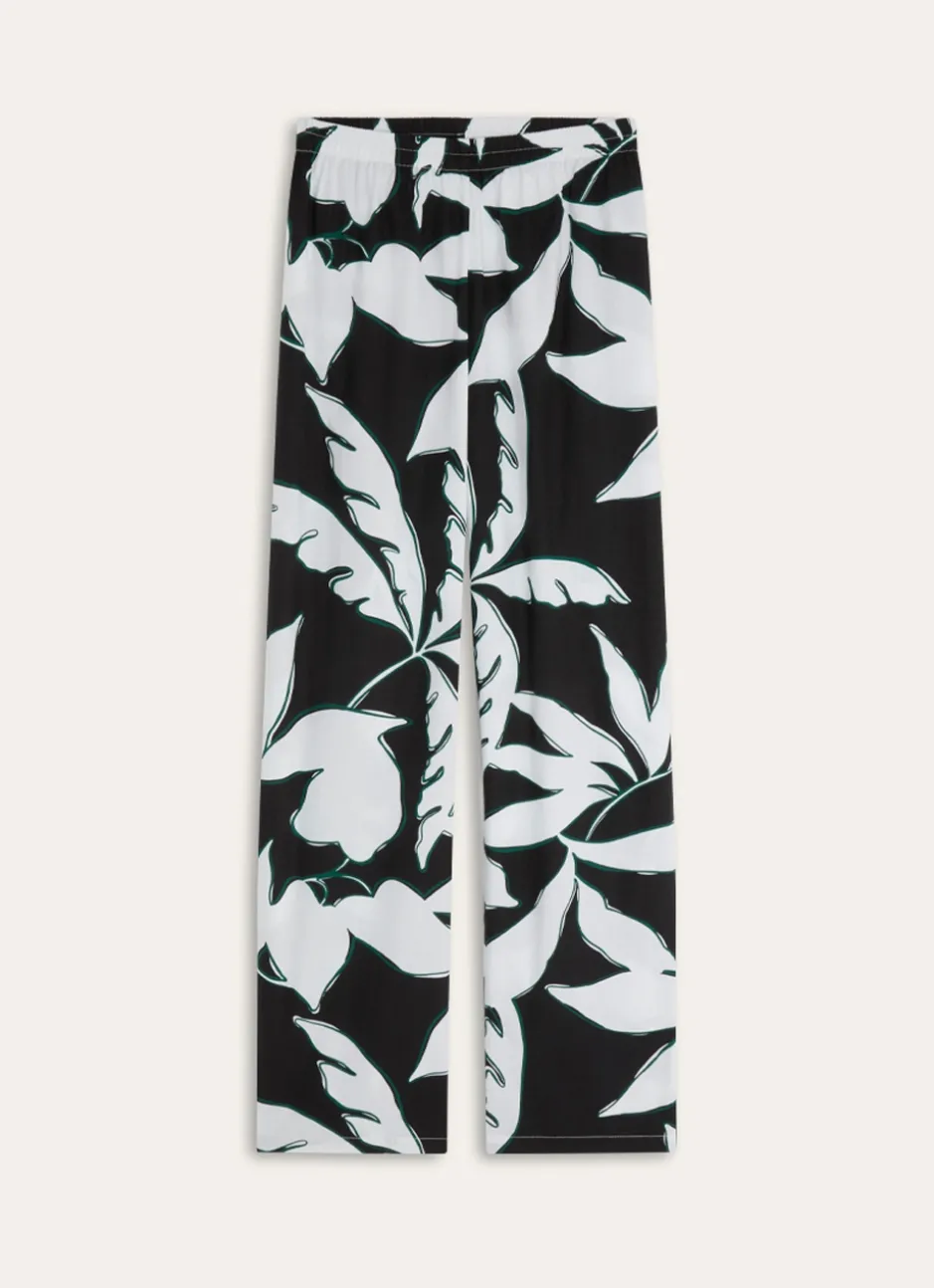 PANTALON DROIT ÉLASTIQUÉ EN COTON IMPRIMÉ FEUILLE Noir