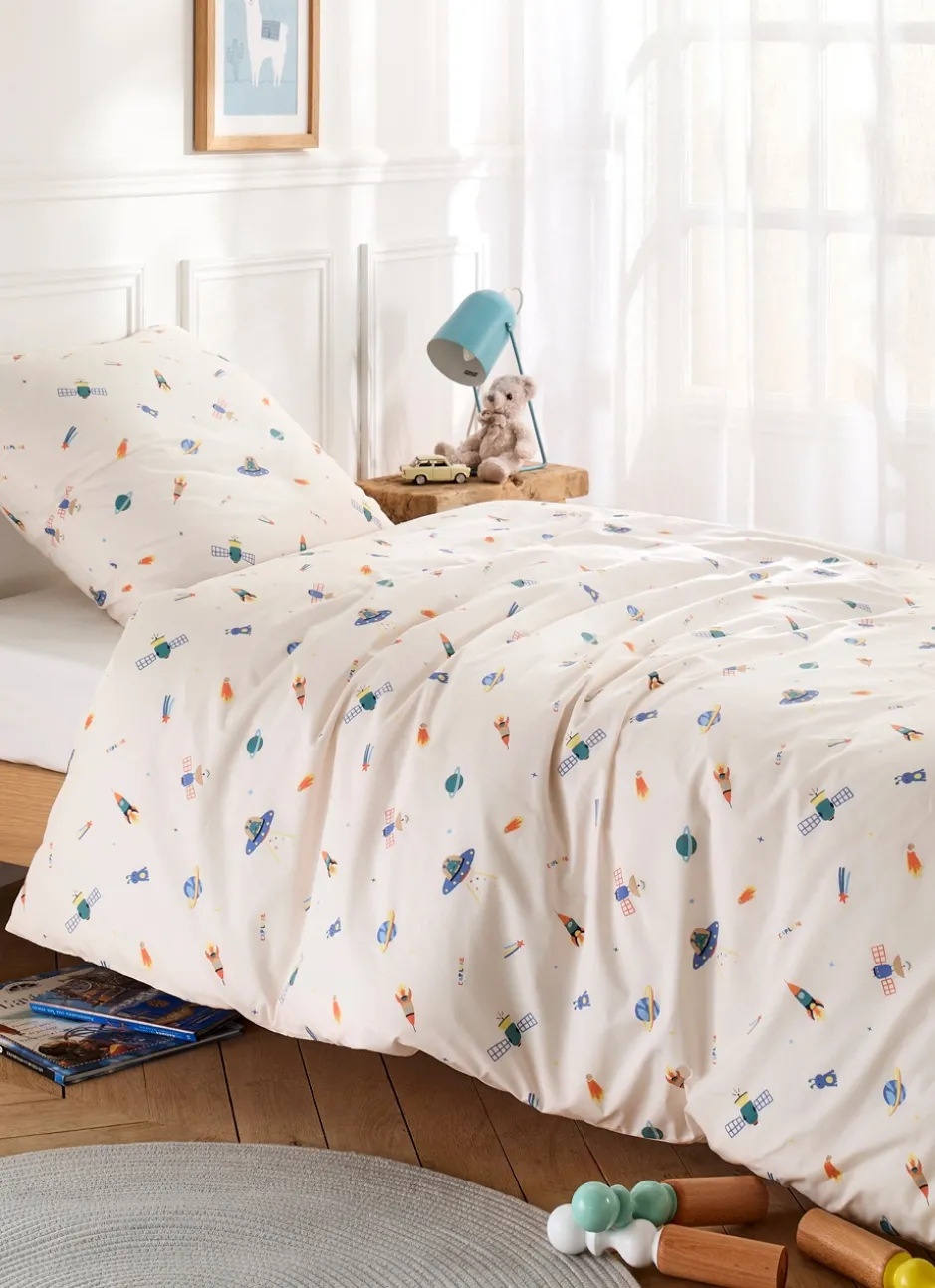 PARURE DE LIT ENFANT EN PERCALE MOTIF SPATIAL BLANC
