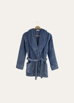 PEIGNOIR COURT EN POLAIRE AVEC COL CHÂLE BLEU GRIS