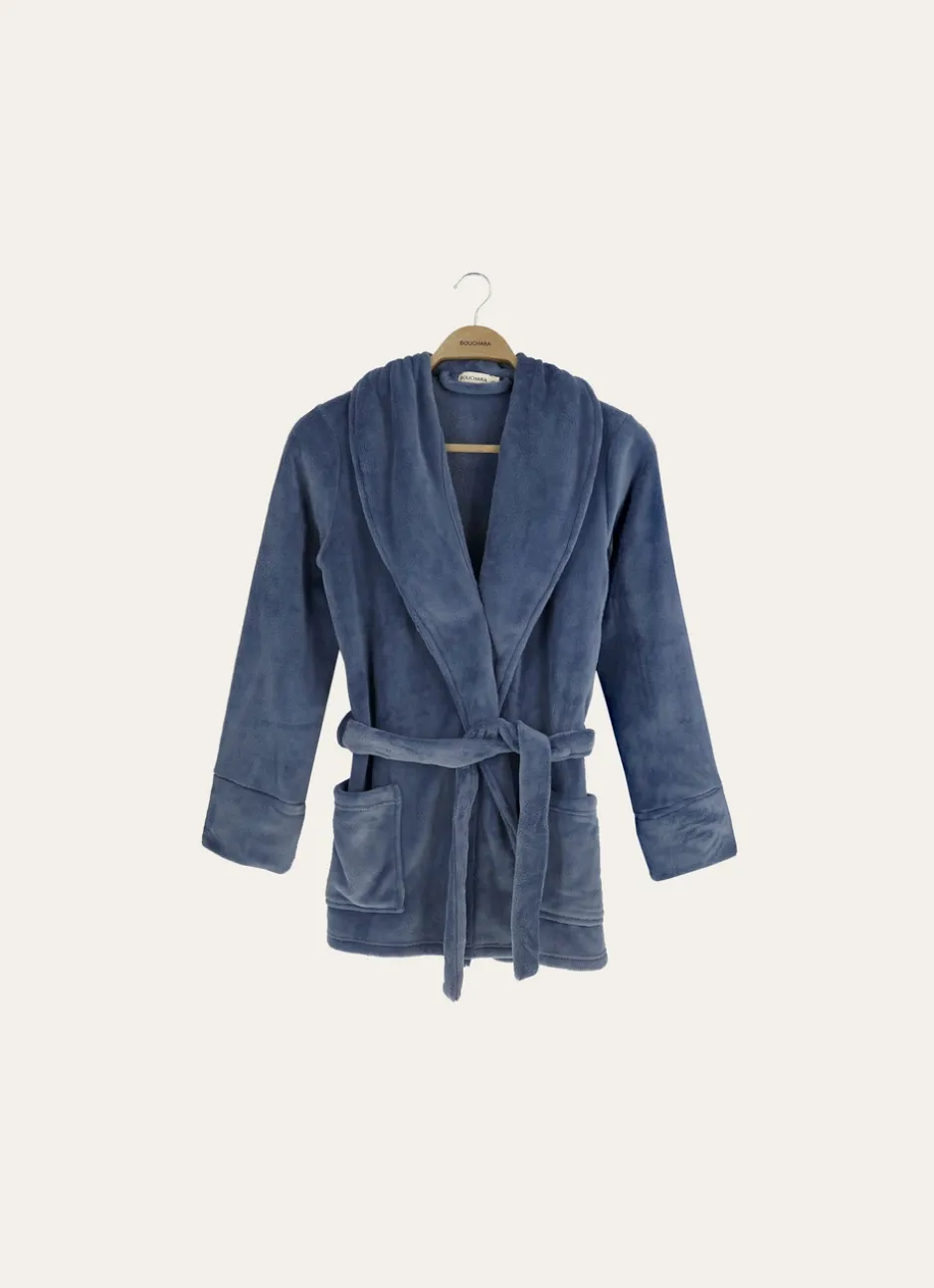 PEIGNOIR COURT EN POLAIRE AVEC COL CHÂLE BLEU GRIS