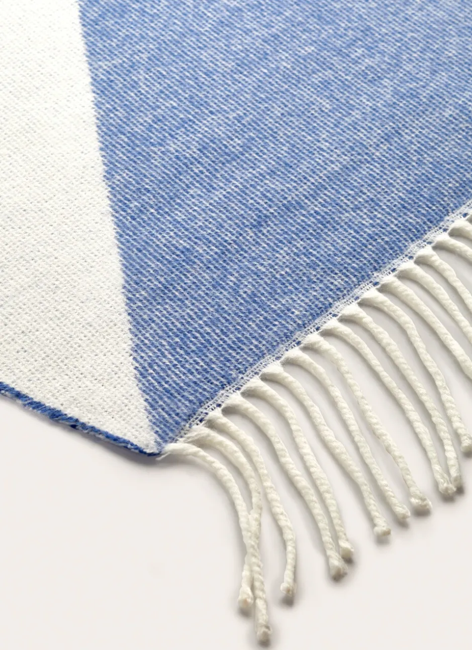 PLAID À FRANGES TISSÉ TEINT MOTIF GÉOMÉTRIQUE BLEU