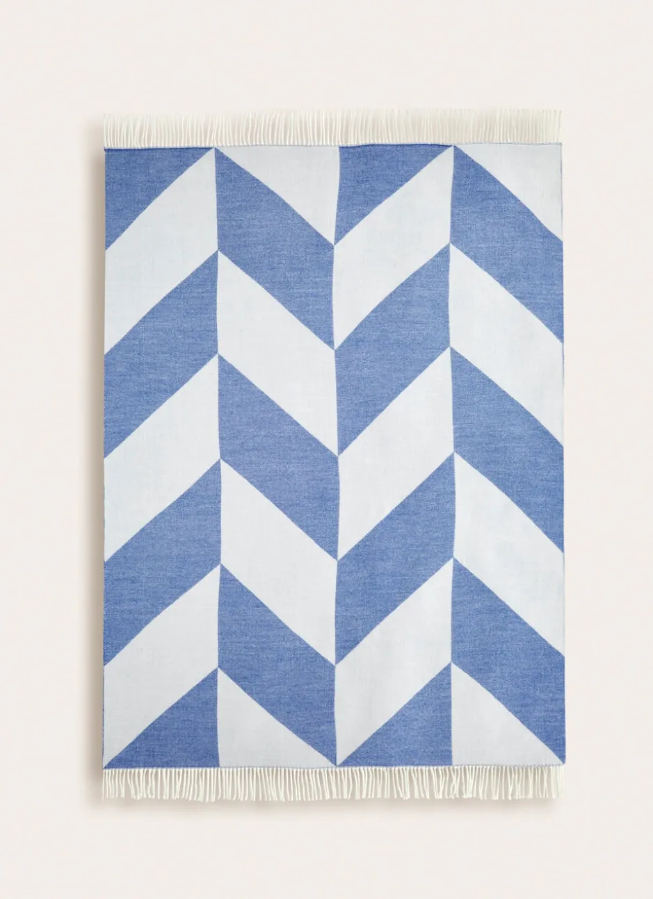 PLAID À FRANGES TISSÉ TEINT MOTIF GÉOMÉTRIQUE BLEU
