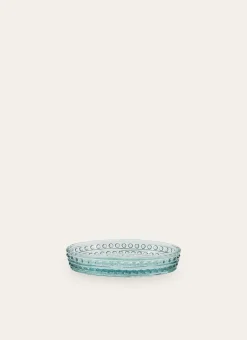 PORTE-SAVON EN VERRE COLORÉ GRAVURES DE FLEURS BLEU CLAIR