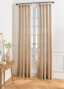 RIDEAU À RAYURES VERTICALES FINITION CUIR ET MÉTAL BEIGE
