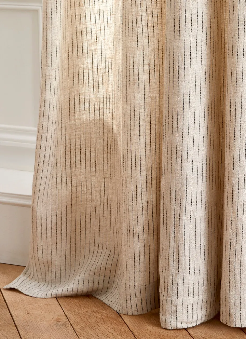 RIDEAU À RAYURES VERTICALES FINITION CUIR ET MÉTAL BEIGE