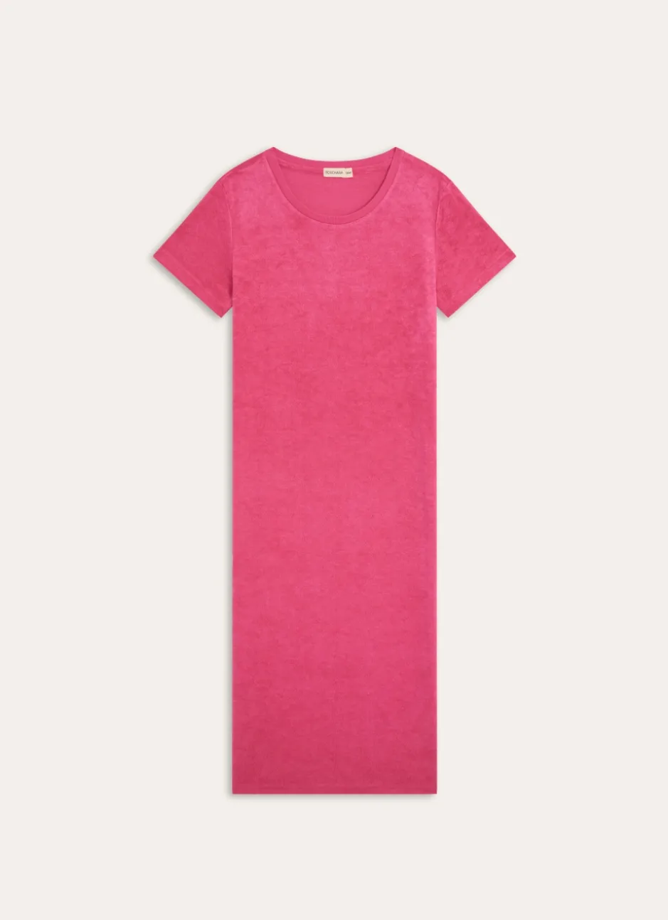 ROBE LONGUE MANCHES COURTES EN MATIÈRE ÉPONGE FUSCHIA