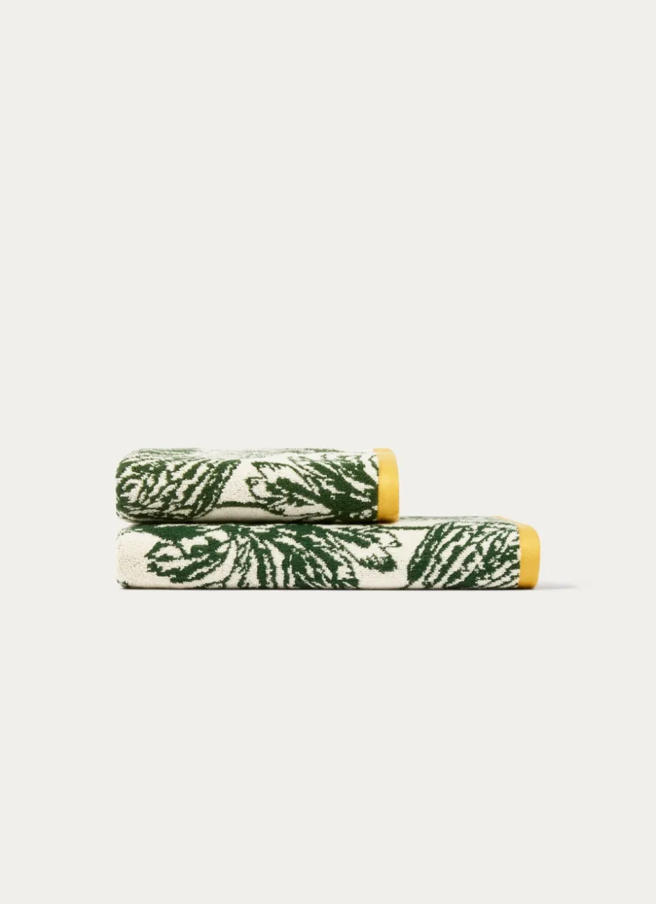 SERVIETTE DE TOILETTE JACQUARD MOTIFS PALMIERS ÉCRU / VERT