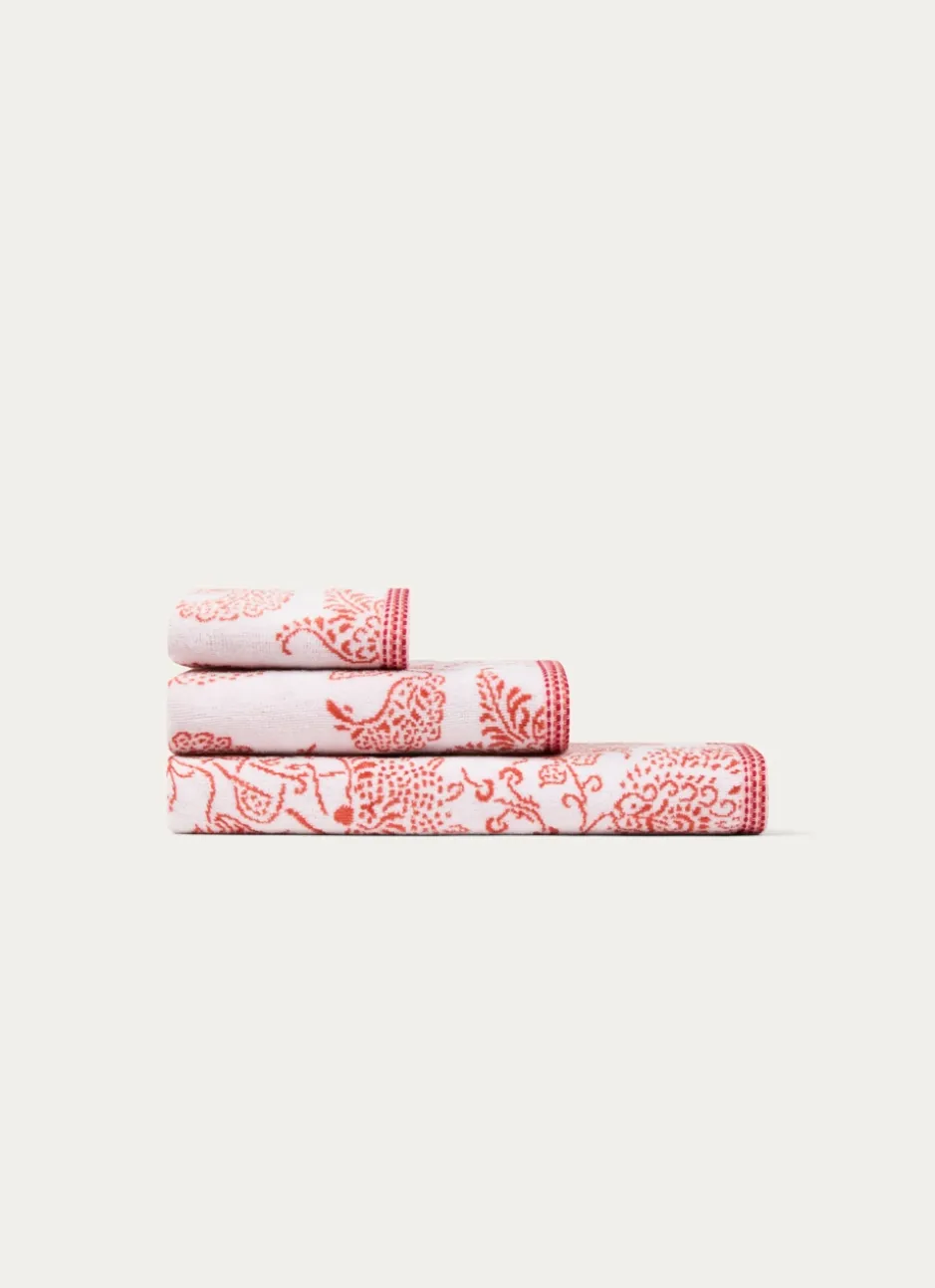 SERVIETTE DE TOILETTE JACQUARD MOTIF FLORAL ORIANE BLANC / CORAIL
